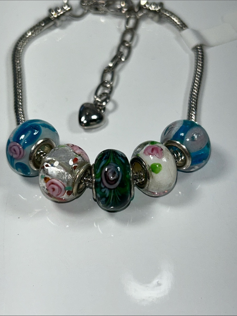 NWT European Pandora Style Charm Bracelet & 5 Colorful Artisan Blown Glass Beads